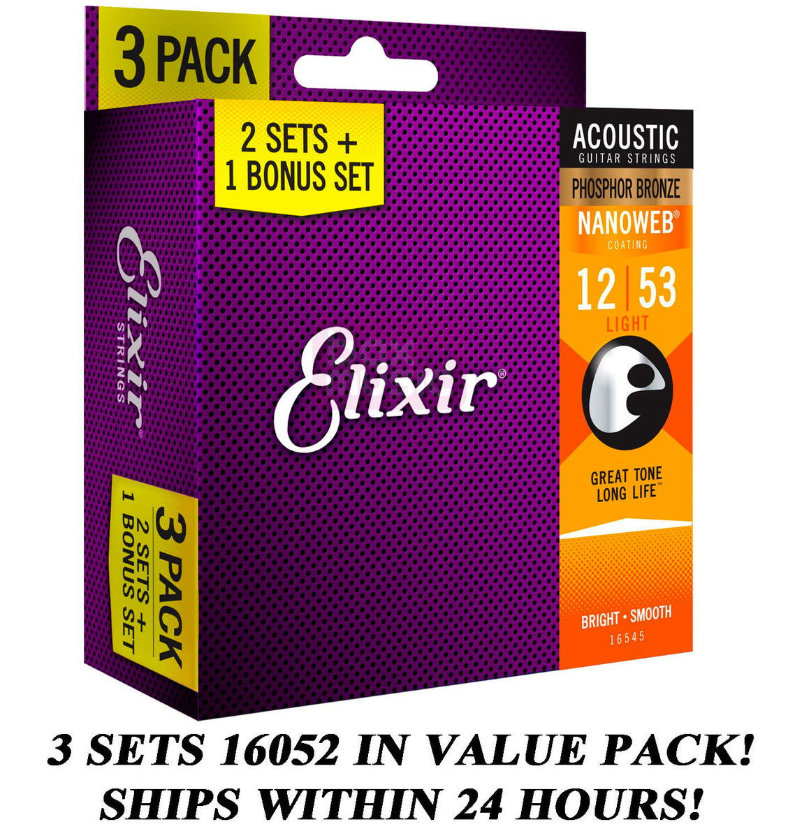 3 sets elixir 16052 nanoweb acoustic guitar strings light 12-53