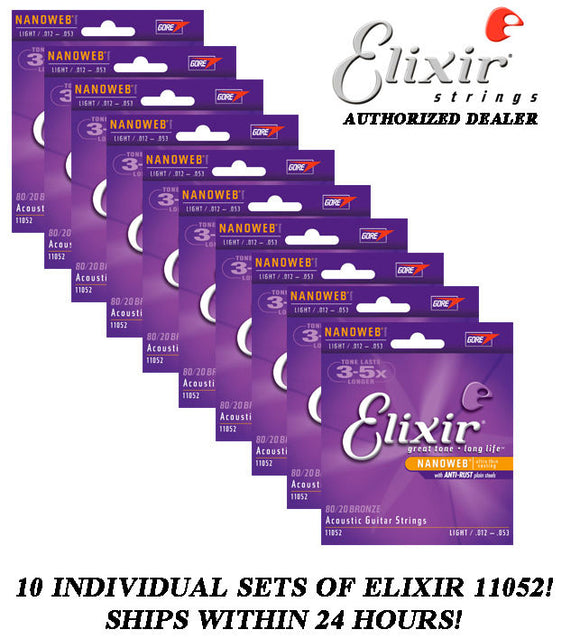 10 SETS ELIXIR 11052 80/20 BRONZE ACOUSTIC GUITAR STRINGS LIGHT 12-53