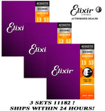 *3 SETS ELIXIR 11182 80/20 BRONZE ACOUSTIC NANOWEB GUITAR STRINGS LIGHT (13-53)*