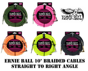 **ERNIE BALL 10' or 18' BRAIDED INSTRUMENT/GUITAR CABLE - 5 COLOR CHOICES**