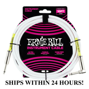 **ERNIE BALL 10' GUITAR/BASS INSTRUMENT CABLE(WHITE) - STRAIGHT TO RIGHT ANGLE**