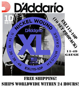 **10 SETS D'ADDARIO EXL115 ELECTRIC GUITAR STRINGS (NICKEL) EXL115-10P PROPACK**